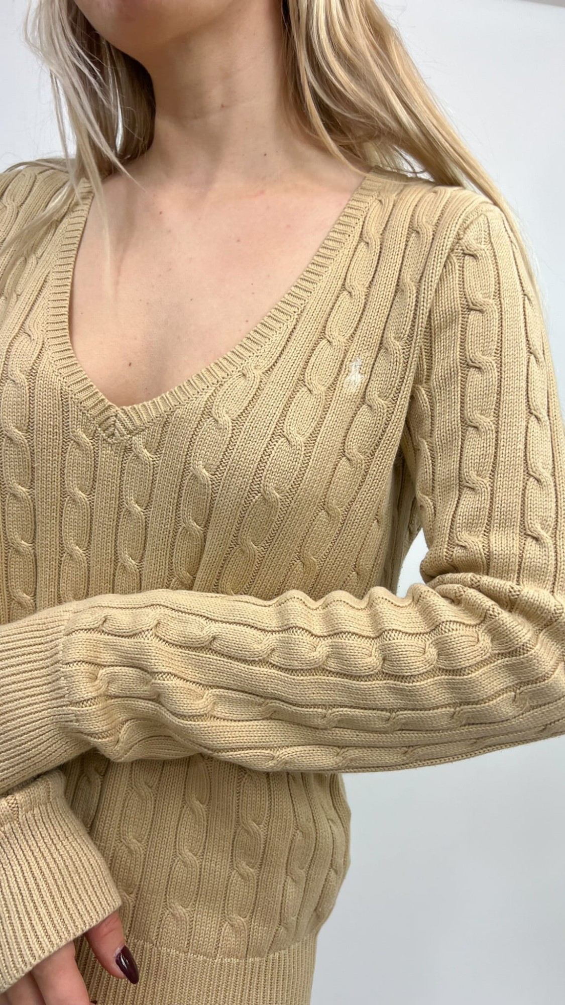 Ralph Lauren sweter beżowy warkocz bawełna 