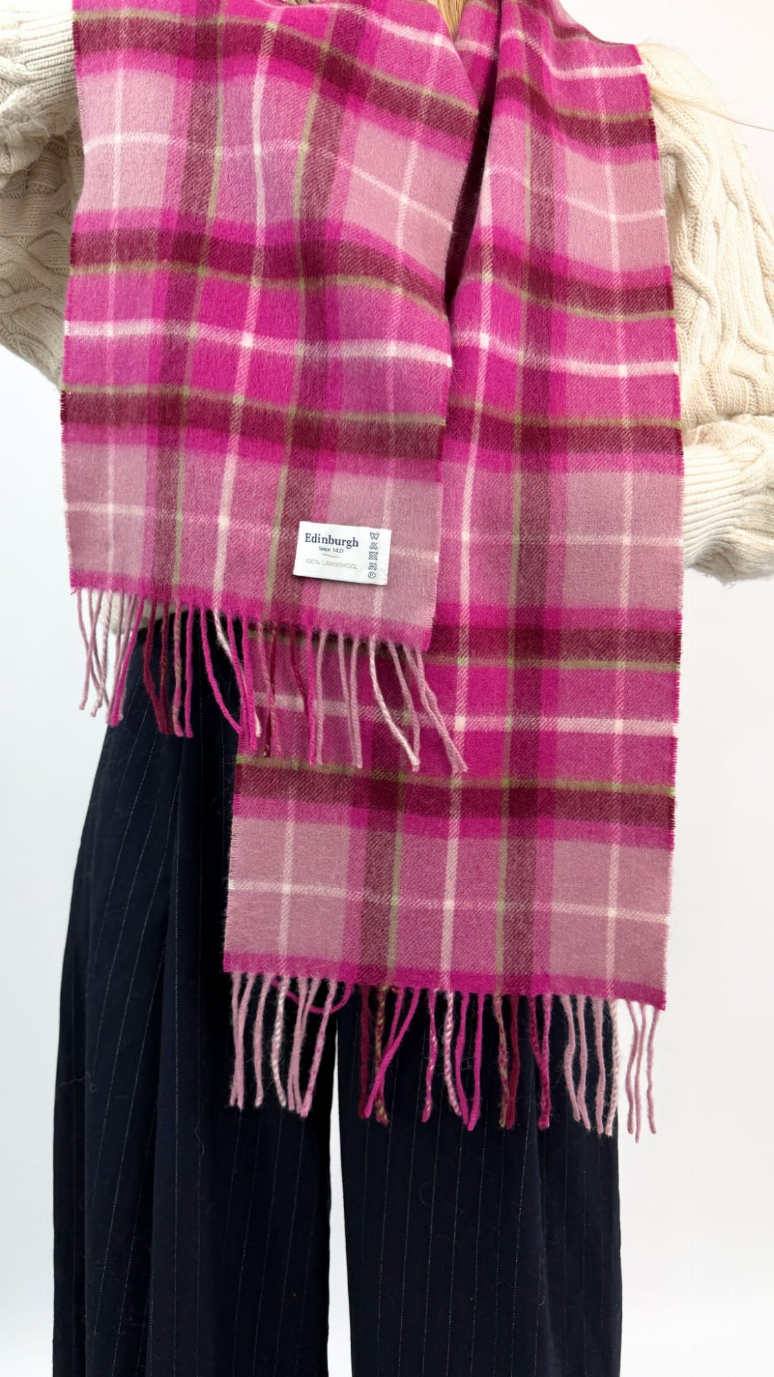 Edinburgh szalik w różowa kratkę 100% wełna 