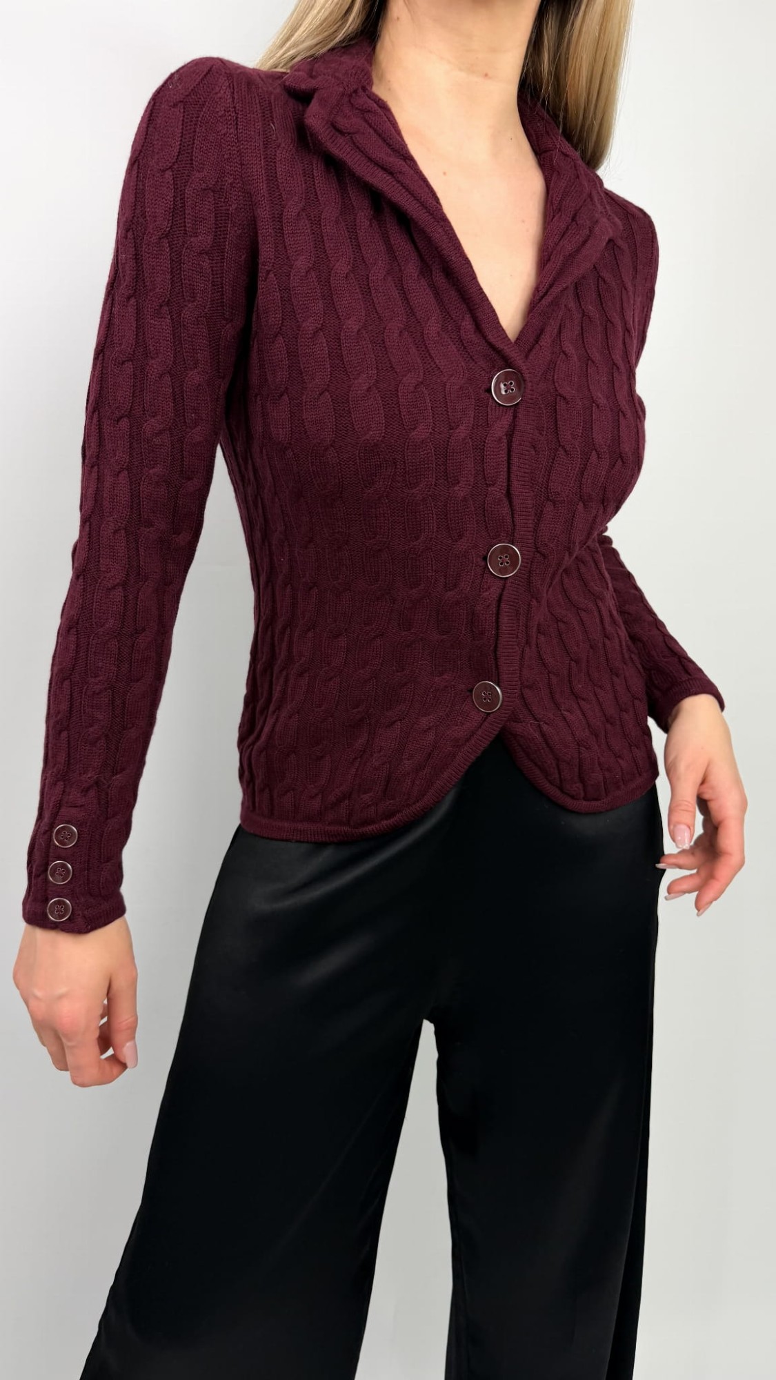 Talbots Petite kardigan bordowy warkocz 100% wełna merino